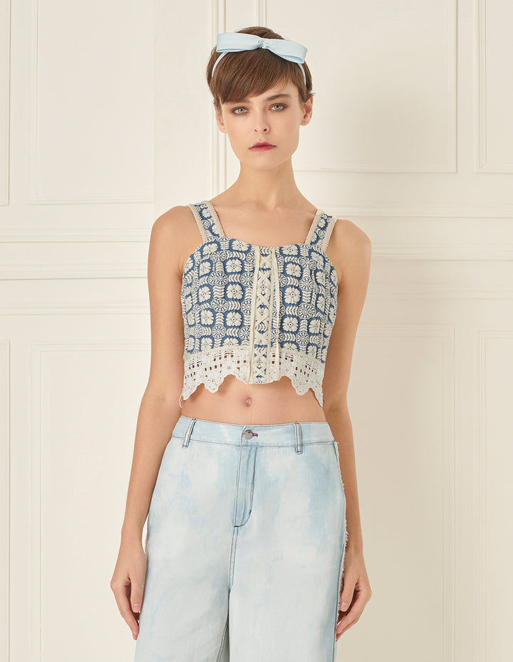 BORA AKSU Lace Patchwork Embroidered Denim Camisole