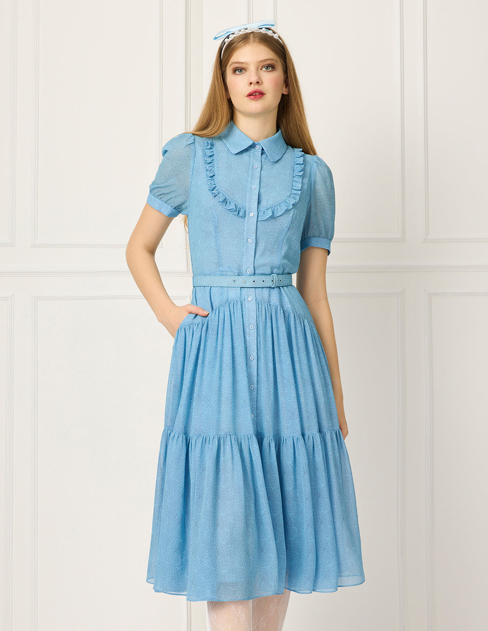 BORA AKSU Peter Pan Collar Ruffle Trim Puff Short Sleeve Waist-Tie Pleated Midi Dress