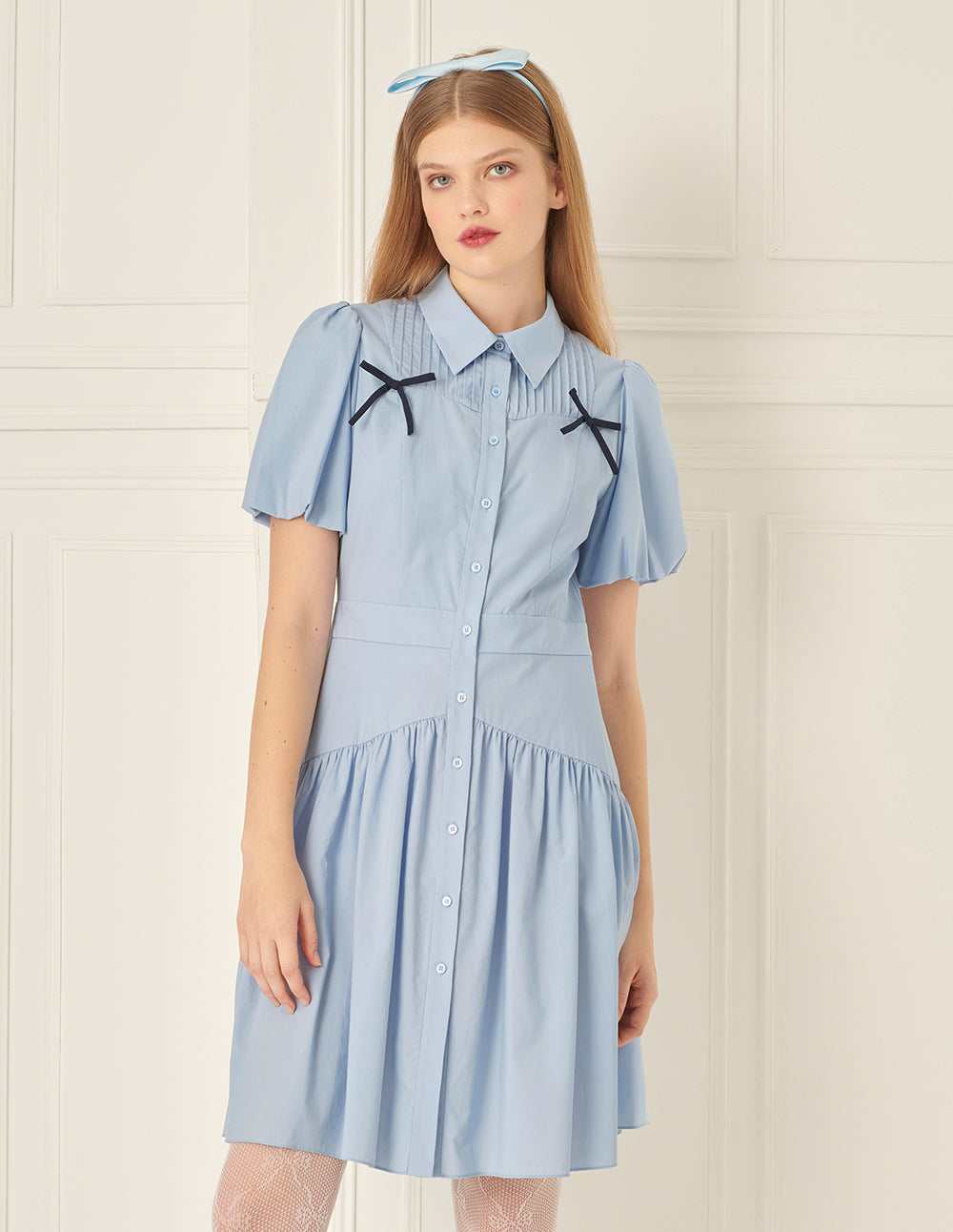 BORA AKSU Puff Sleeve Lapel Bow Pleated Dress