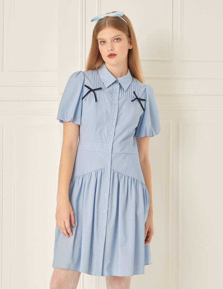 BORA AKSU Puff Sleeve Lapel Bow Pleated Dress