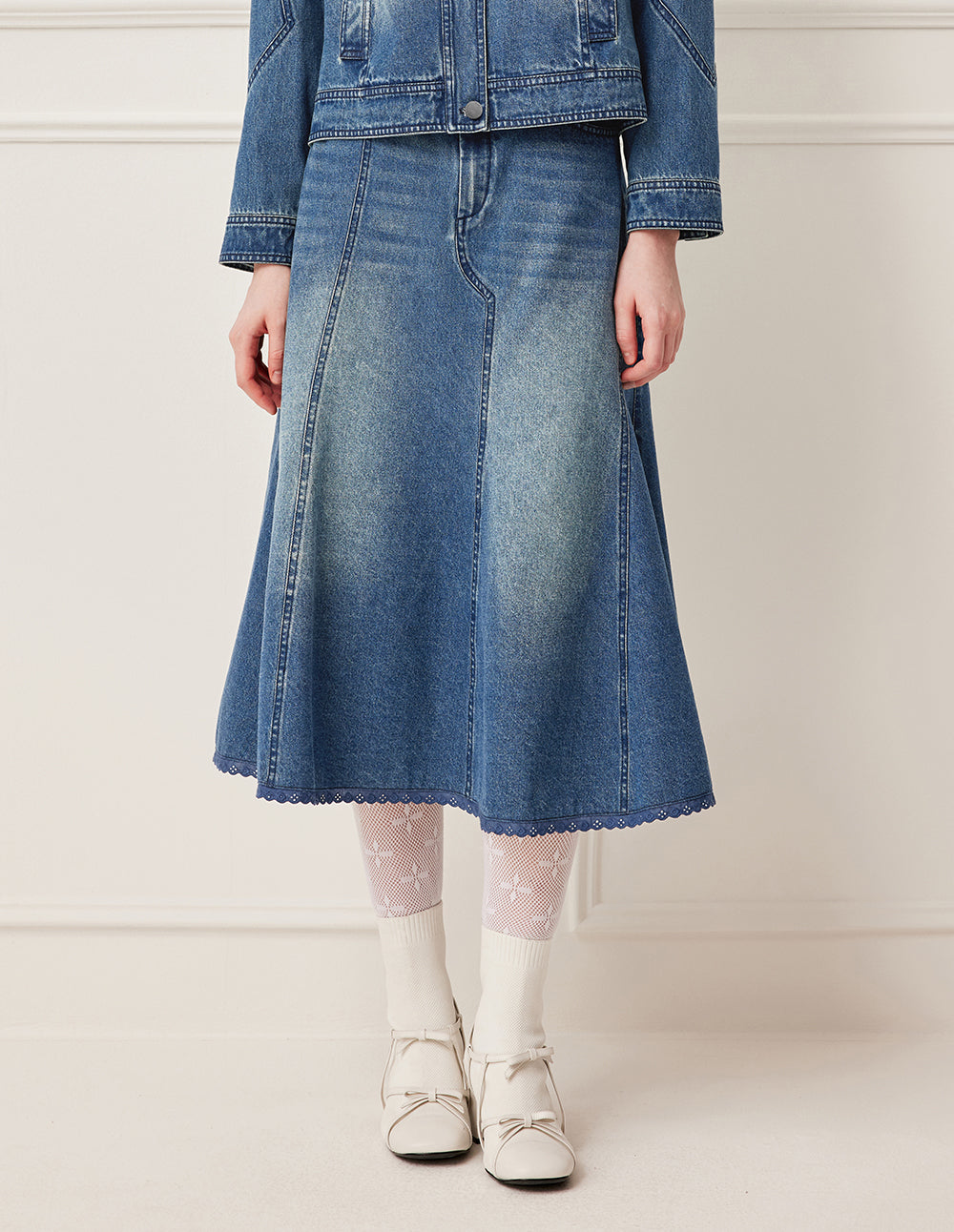 BORA AKSU A-Line Bell-Bottom Denim Skirt with Ruffle Details