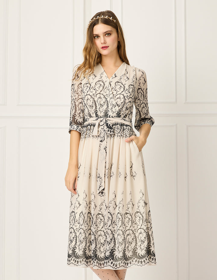 BORA AKSU V-Neck Puff Sleeve Short Sleeve Curly Grass Print Wrap Midi Dress