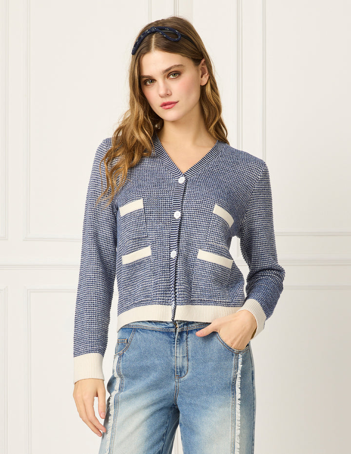 BORA AKSU V-Neck Striped-Trim Tweed Multi-Pockets Wool Cardigan