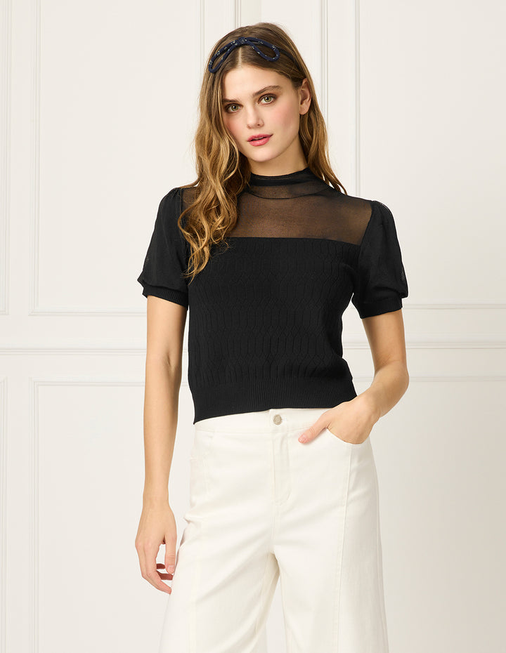 BORA AKSU Stacked Stand Collar Short Sleeve Color Block Knit Top