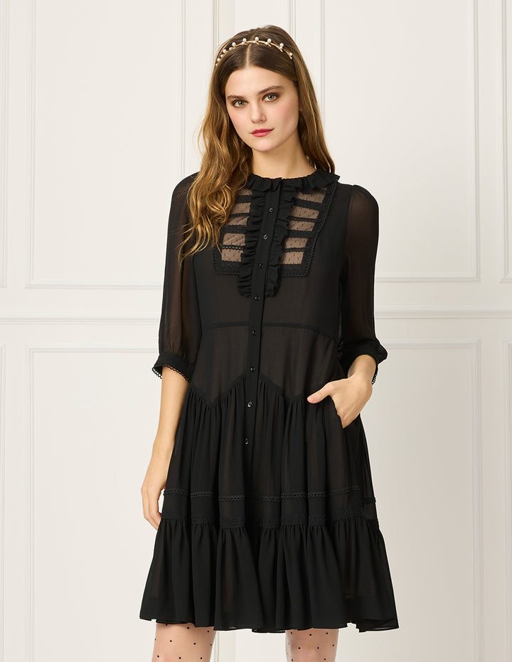 BORA AKSU Ruffled Round-Neck Puff Sleeve Mesh Spliced Pleated Little Black Dress