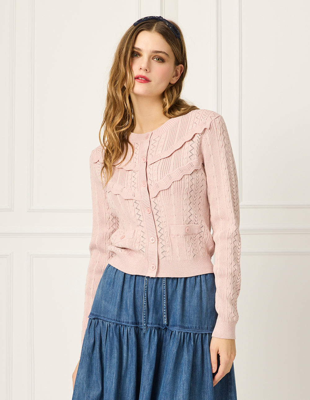 BORA AKSU Round Neck Long Sleeve Ruffle Knit Cardigan