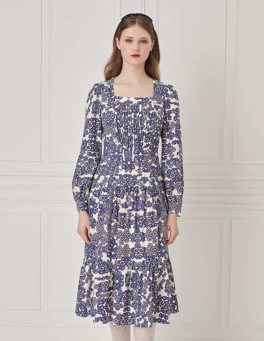 BORA AKSU Retro Square Neck Long Sleeve Pleated Printed Dress
