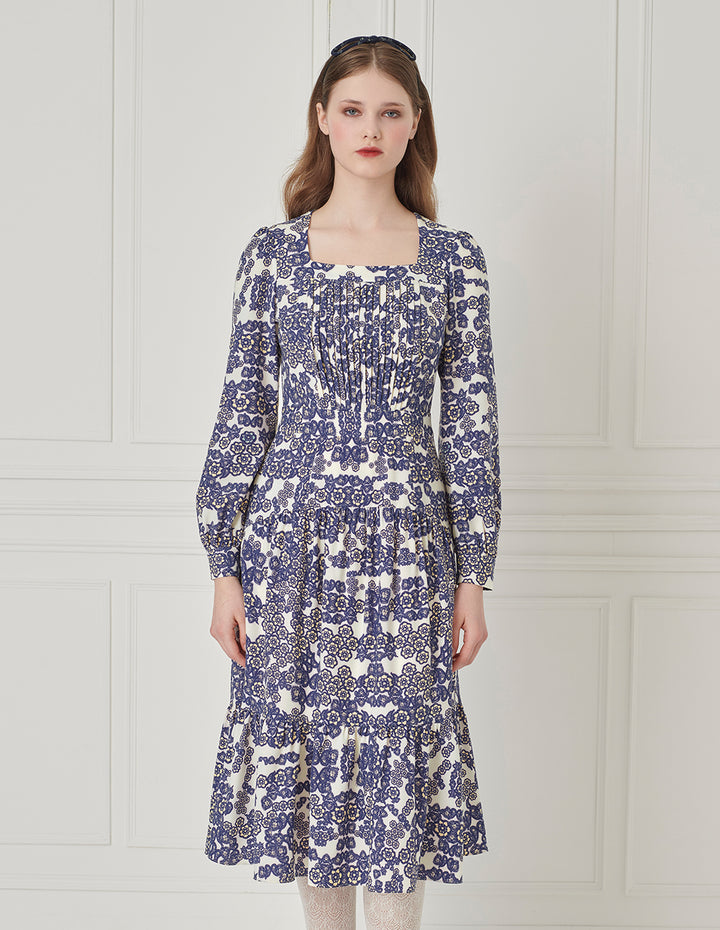 BORA AKSU Retro Square Neck Long Sleeve Pleated Printed Dress