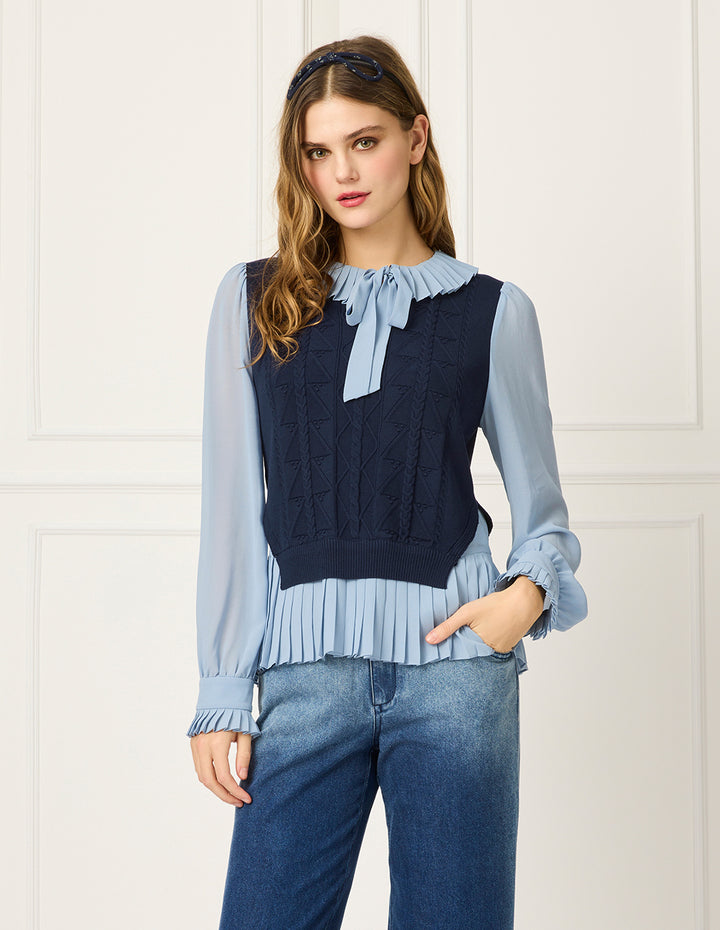 BORA AKSU Lapel-Doll Tie Collar Puff Long Sleeve Peplum Patchwork Blouse
