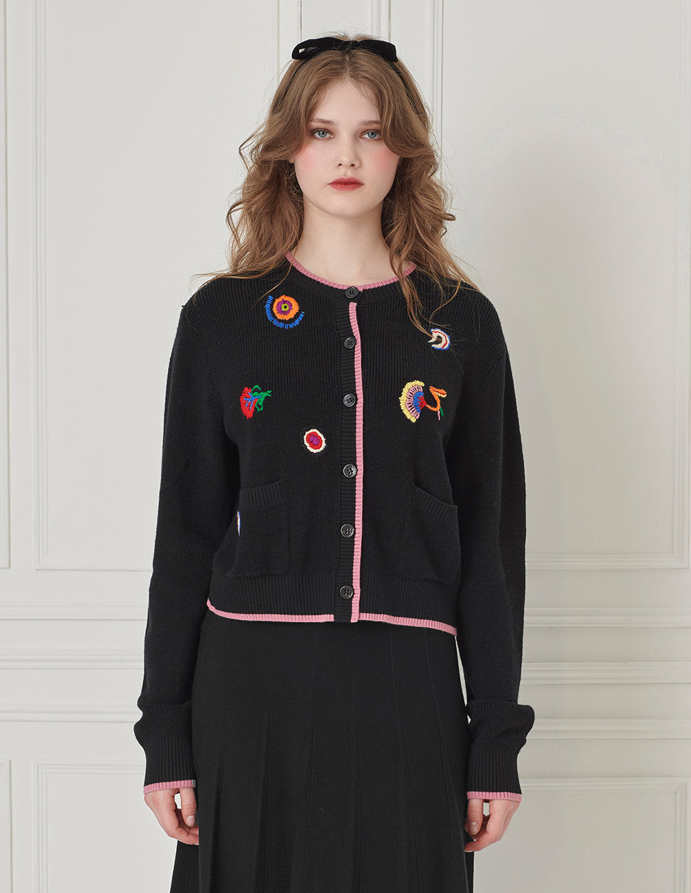 BORA AKSU Crew-Neck Long-Sleeve Hand-Embroidered Knitted Cardigan