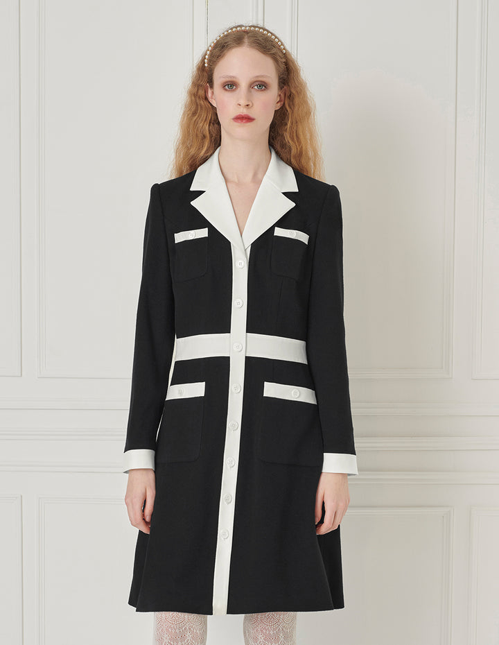 BORA AKSU Black & White Color Block Lapel-Collar Long Sleeve Midi Dress