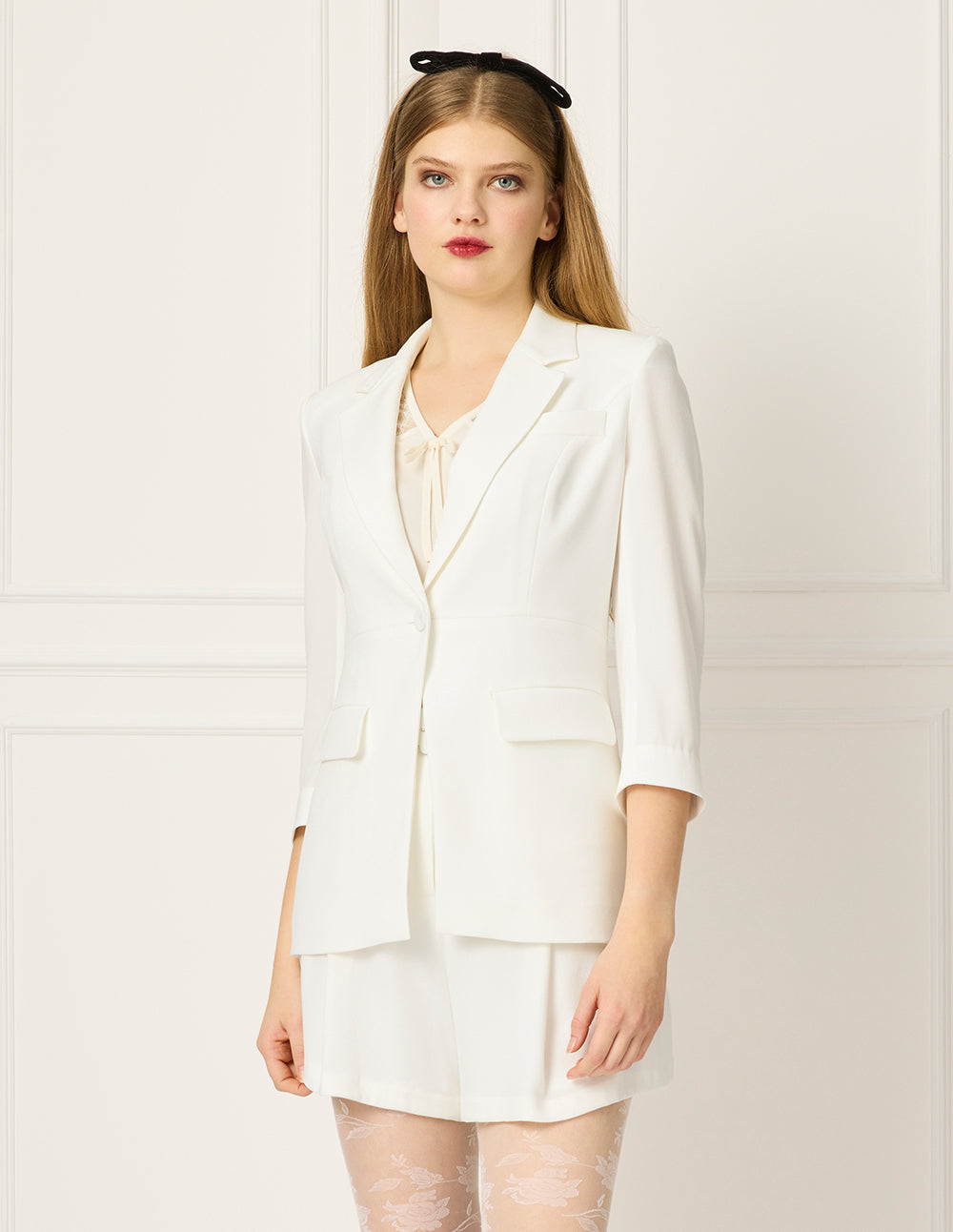 BORA AKSU Peaked Lapel 3/4 Sleeve Single-Button Slim-Fit Blazer