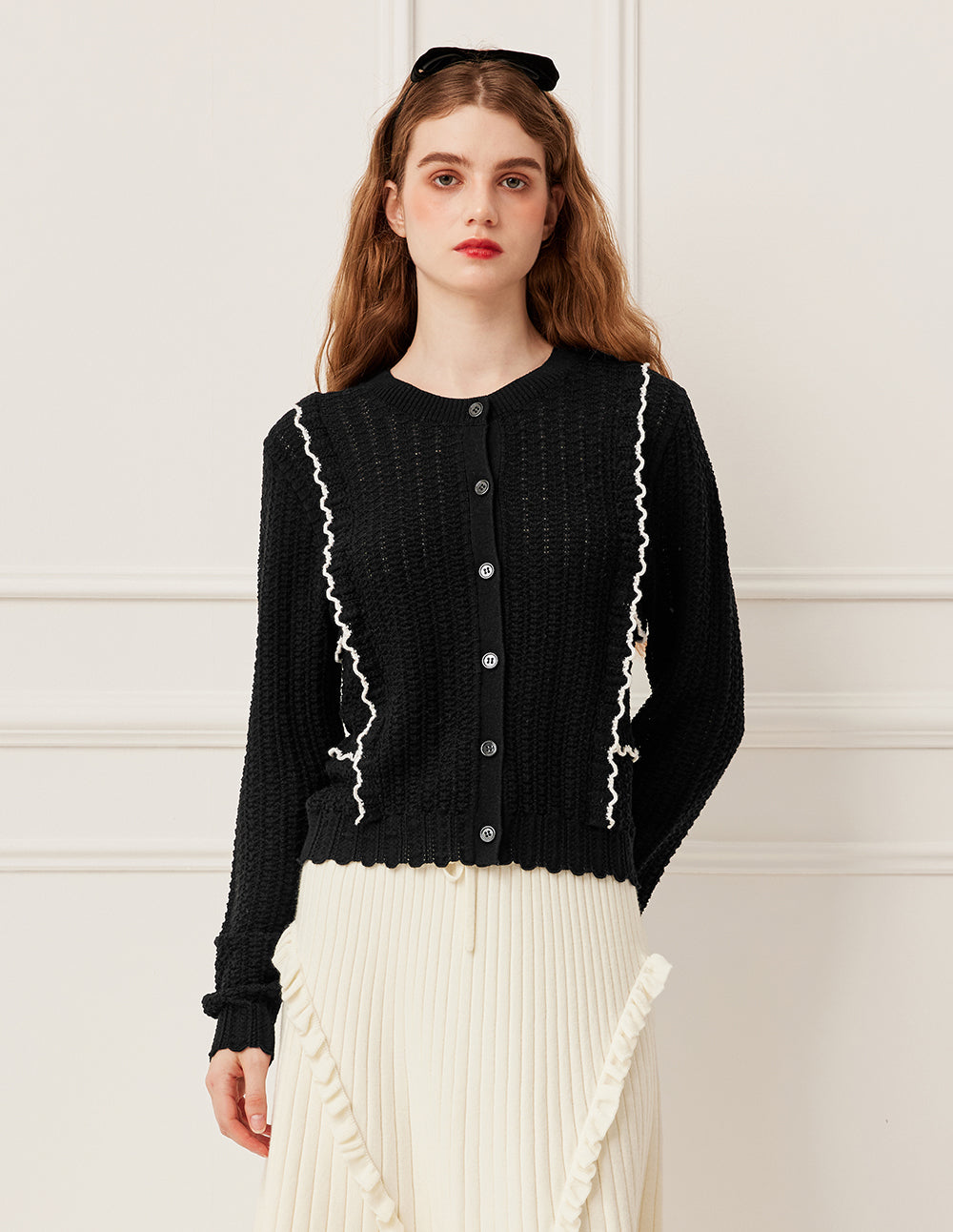 BORA AKSU Round Neck Long Sleeve Openwork White Stripes Knit Cardigan