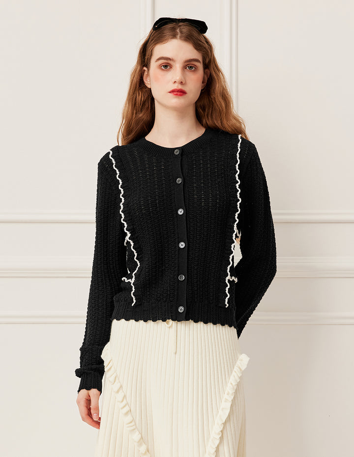 BORA AKSU Round Neck Long Sleeve Openwork White Stripes Knit Cardigan