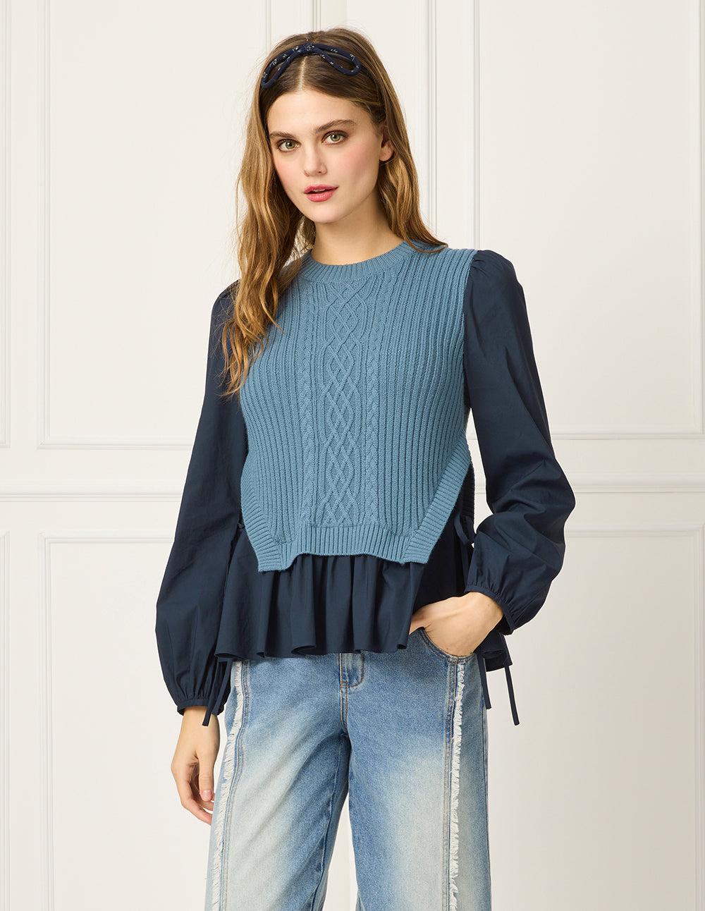 BORA AKSU Round-Neck Bubble Long Sleeve Patchwork Knit Top