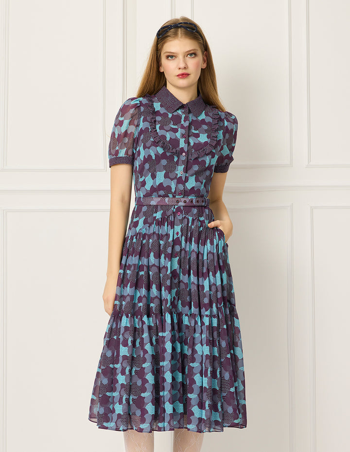 BORA AKSU Lapel Ruffle Trim Polka Dots Puff Short Sleeve Pleated Midi Shirt Dress