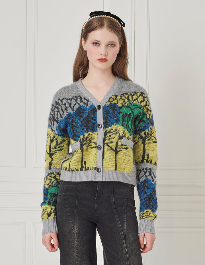 BORA AKSU V-Neck Loose Drop-Shoulder Long-Sleeve Printed Mohair Cropped Cardigan