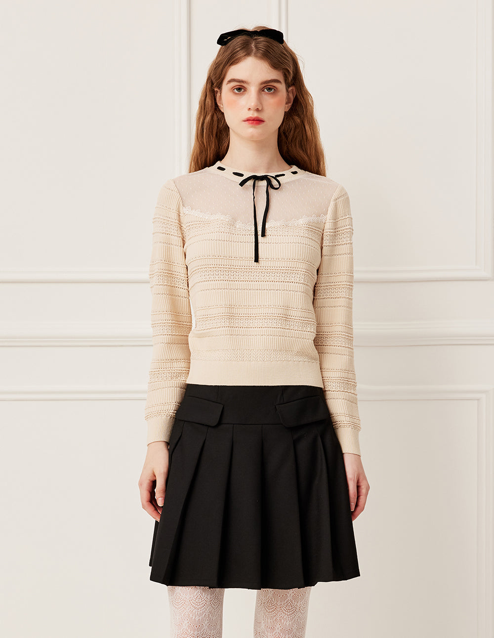 BORA AKSU Round Neck Sheer Lace Patchwork Long Sleeve Knit Pullover