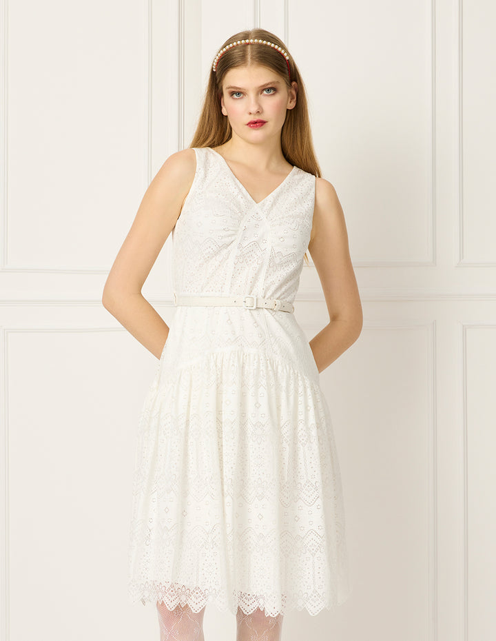 BORA AKSU V-Neck Sleeveless A-Line Embroidery Hollow Flowers Midi Dress