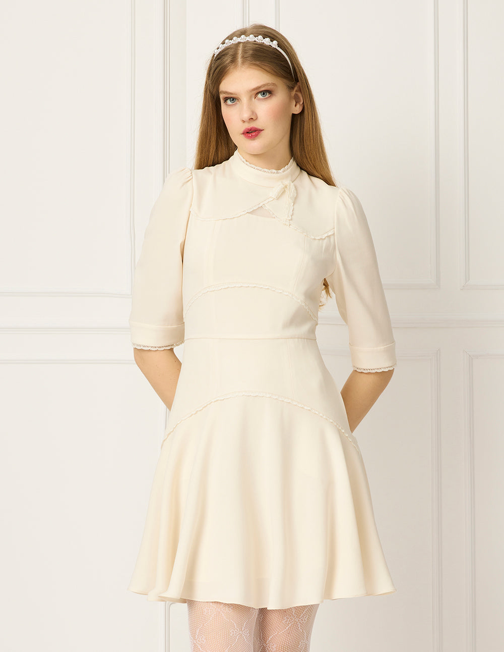 BORA AKSU Stand-Collar Puff Sleeve Ruffle-Trimmed Pleated Midi Dress