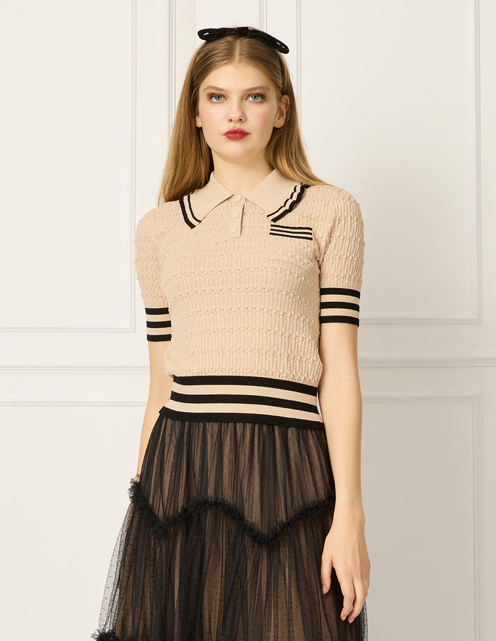 BORA AKSU Lapel Short-Sleeve Black Stripe Trim Pointelle Knit Sweater