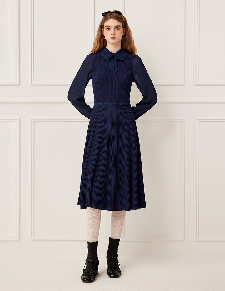 BORA AKSU Collared Patchwork Navy Blue Knit Bubble Sleeve Midi Dress