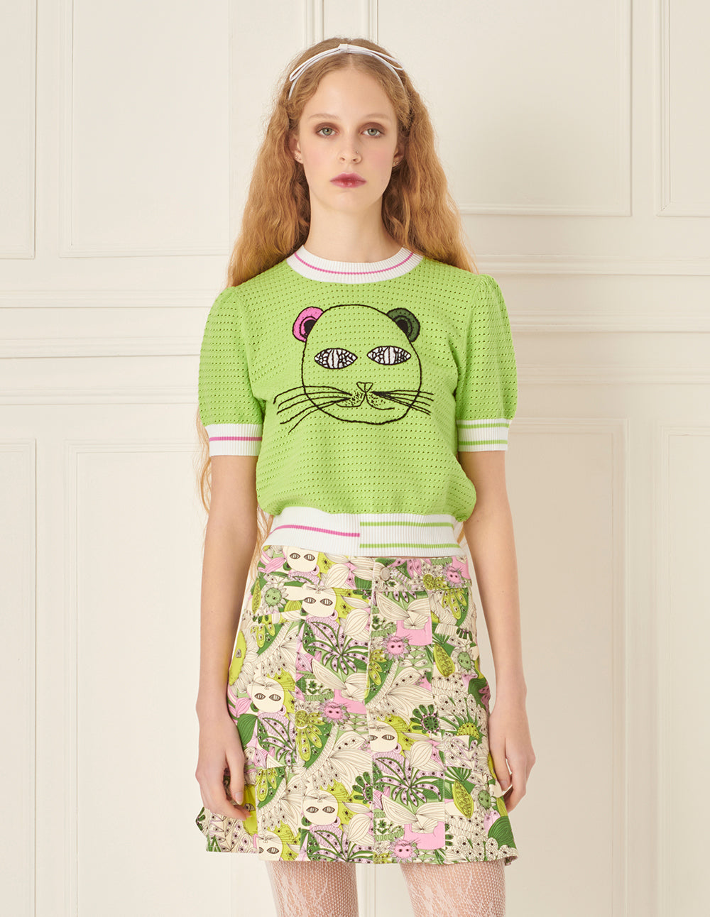 BORA AKSU Handhook Cat Pattern Hollow Textured Knitted T-shirt