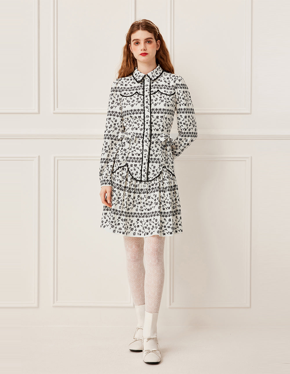 BORA AKSU Black Floral Print Puff Sleeve Midi Dress with Lace Trim