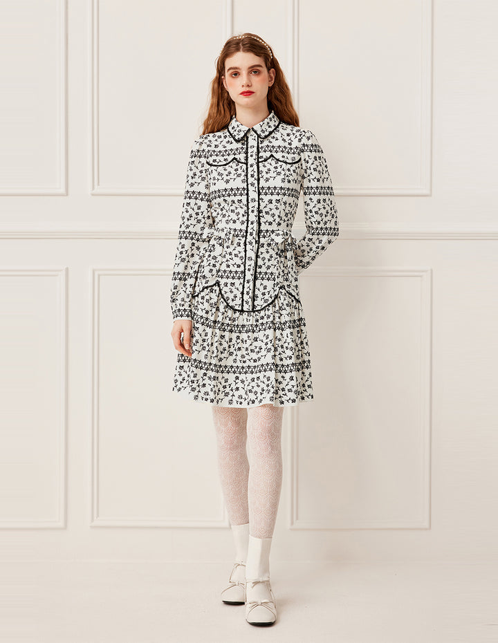 BORA AKSU Black Floral Print Puff Sleeve Midi Dress with Lace Trim