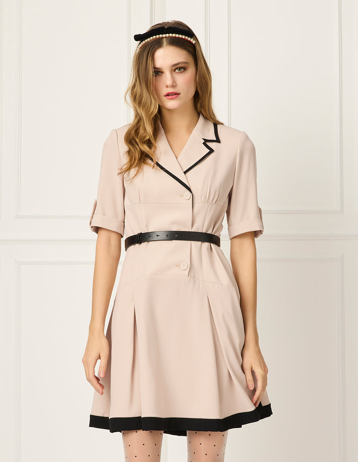 BORA AKSU Notched Lapel Single-Breasted Short-Sleeve Black Stripe-Trim Waist-Tie Midi Wrap Dress