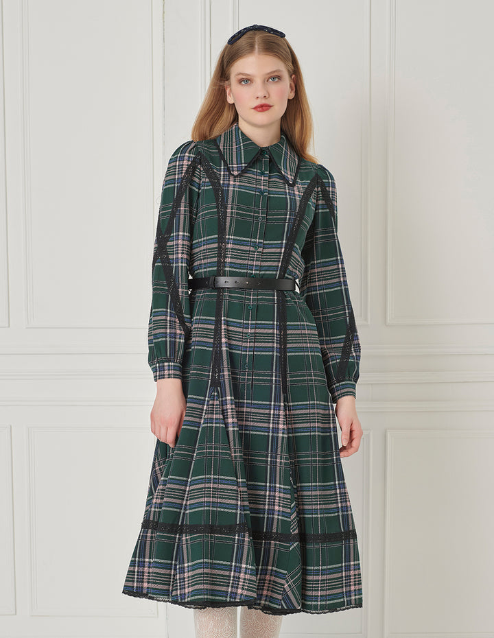 BORA AKSU Plaid Lace-Stripe Puff Long-Sleeve Button-Down Midi Shirt Dress