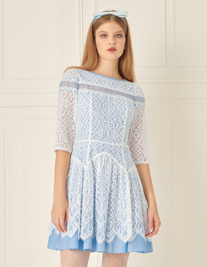 BORA AKSU Romantic Blue And White Lace Patchwork Wavy Dress