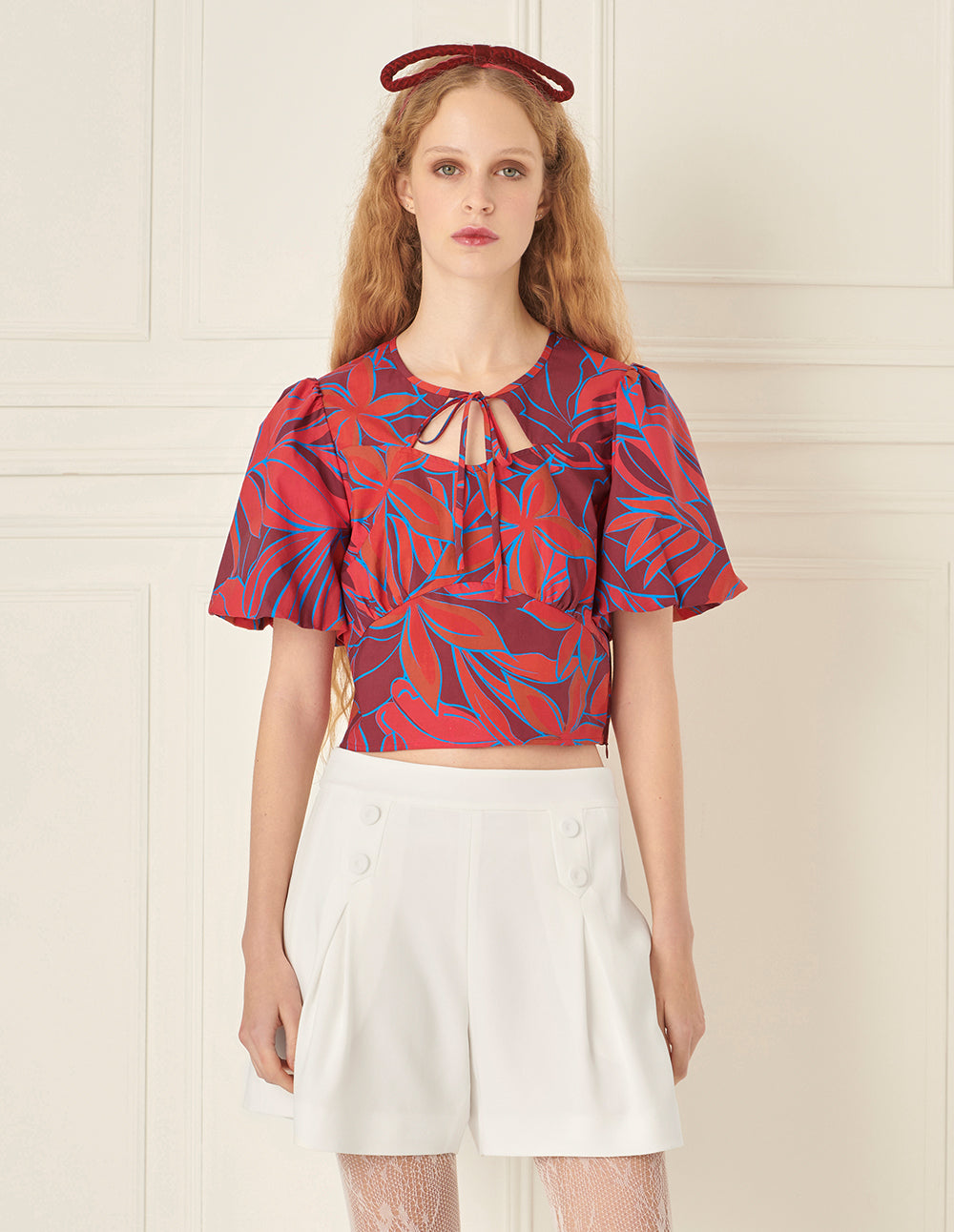 BORA AKSU Bow Tie Round Neck Lantern Sleeve Printed Top