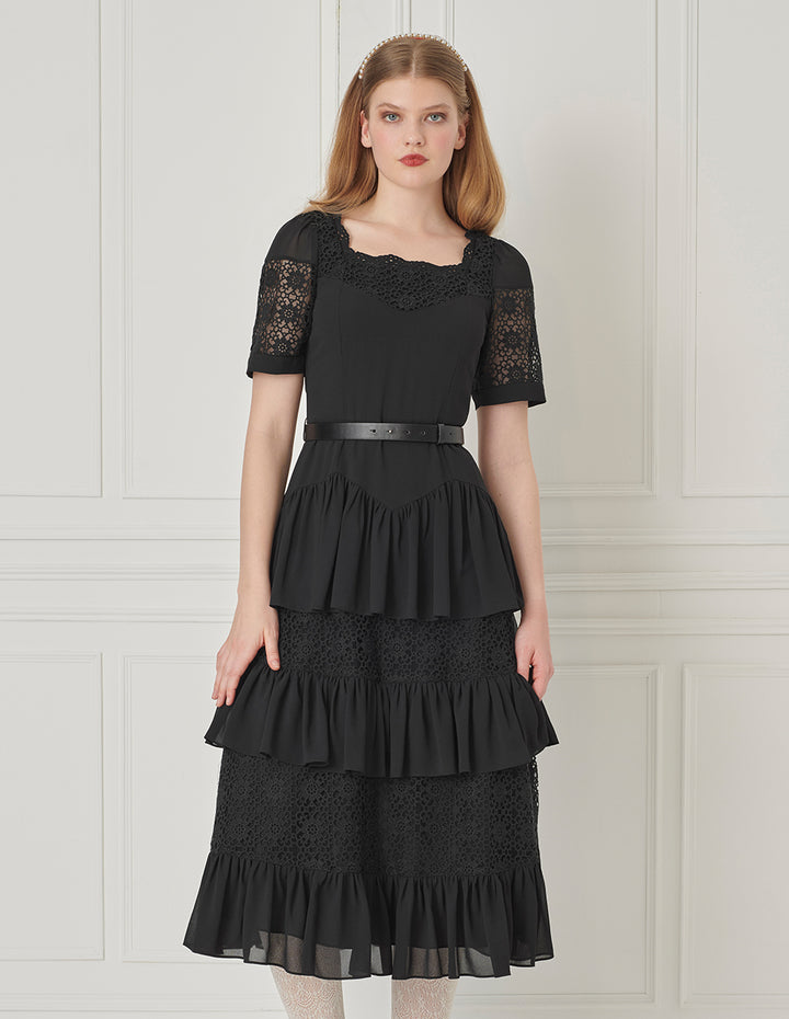 BORA AKSU Palace Style Classic Square Neck Lace Splicing Tiered Skirt Dress