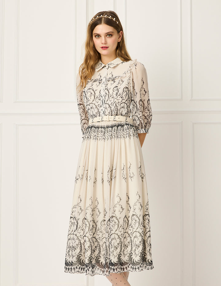 BORA AKSU Collared Puff Half Sleeve Curly Grass Print Ruffle-Trim Midi Dress