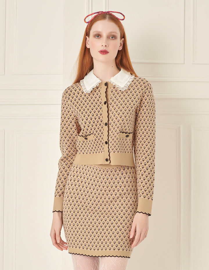 BORA AKSU Lace-Embellished Jacquard Khaki Knit Mini Skirt