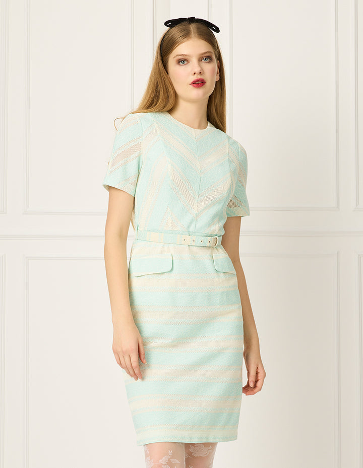 BORA AKSU Round-Neck Short-Sleeve Contrast-Color Stripes Midi Knit Dress