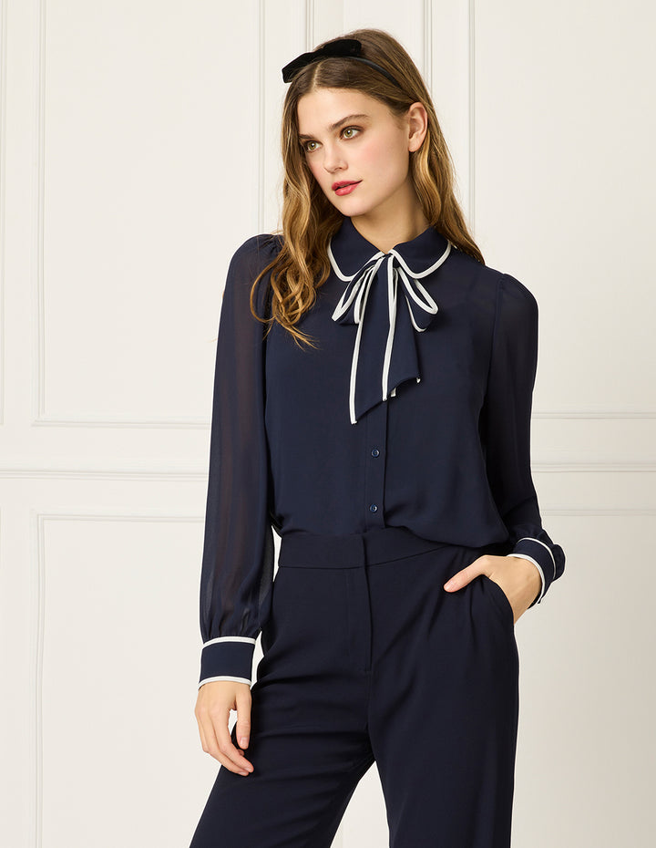 BORA AKSU Bubble Long-Sleeve Contrast-Trim Blouse