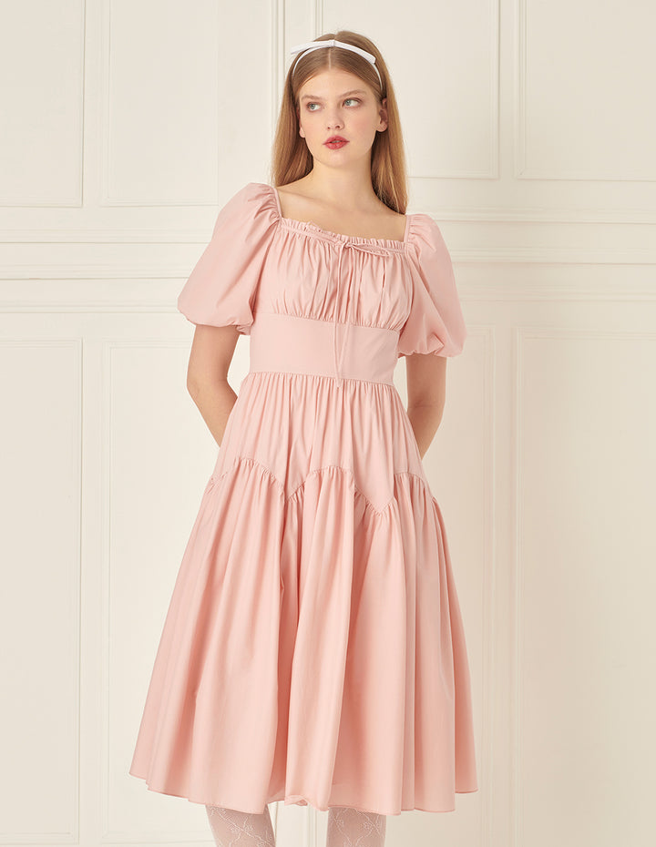 BORA AKSU Diamond Collar Pleated Short Sleeves Dress