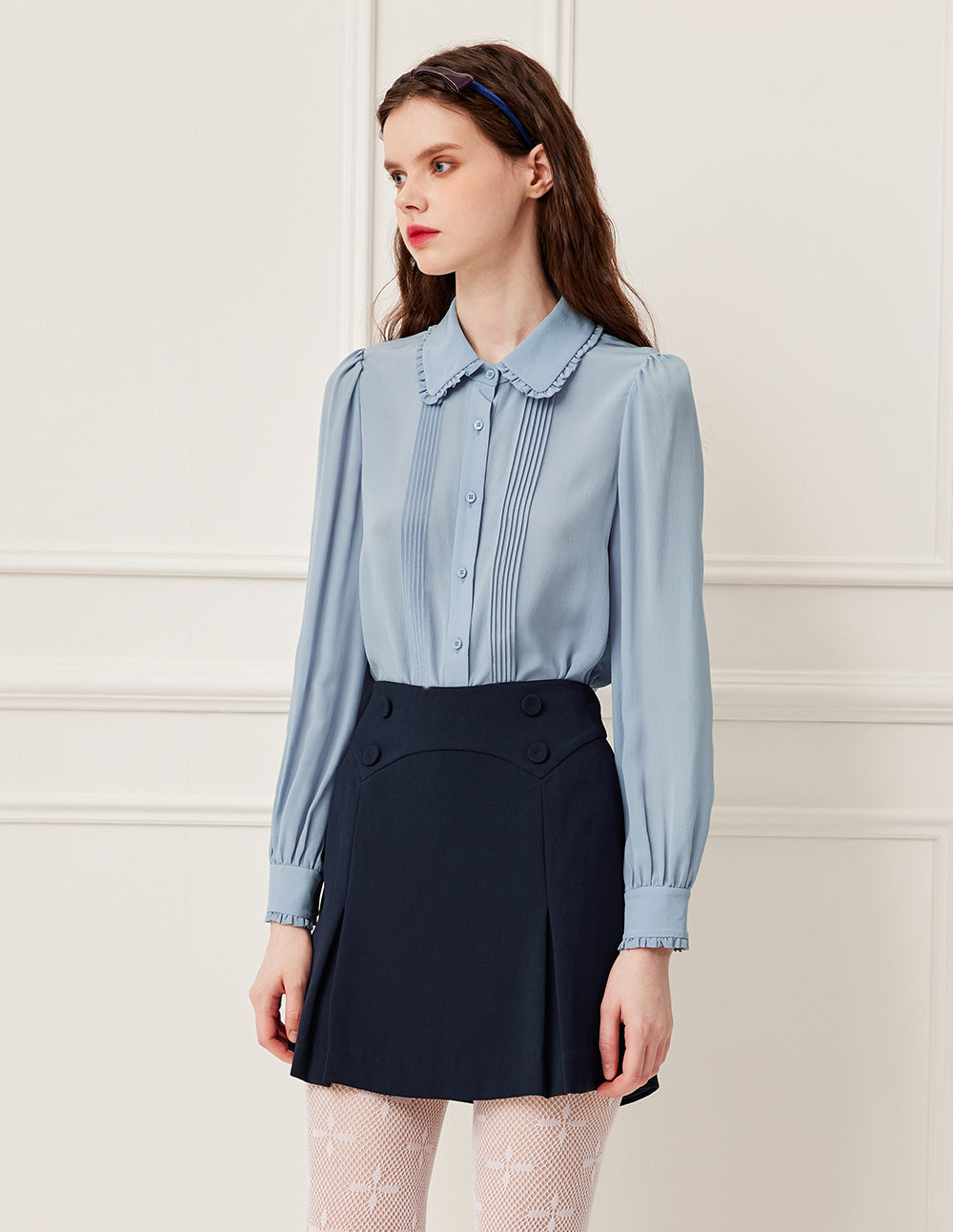 BORA AKSU Navy Blue A-Line Pleats Mini Skirt