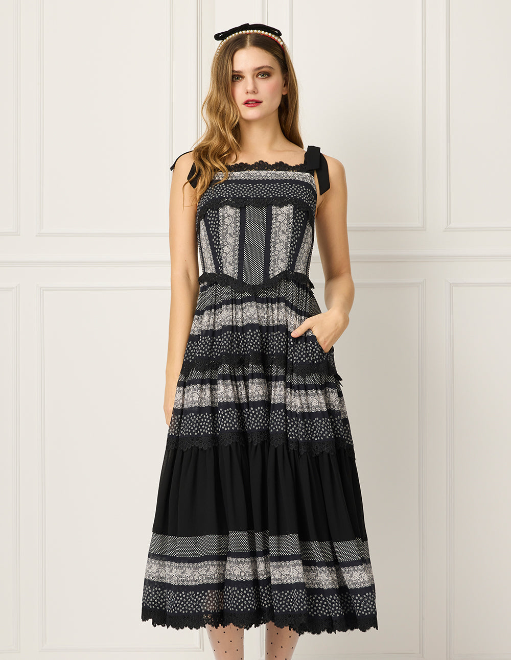 BORA AKSU Sleeveless Ruffle Lace Layered Printed Apron Dress