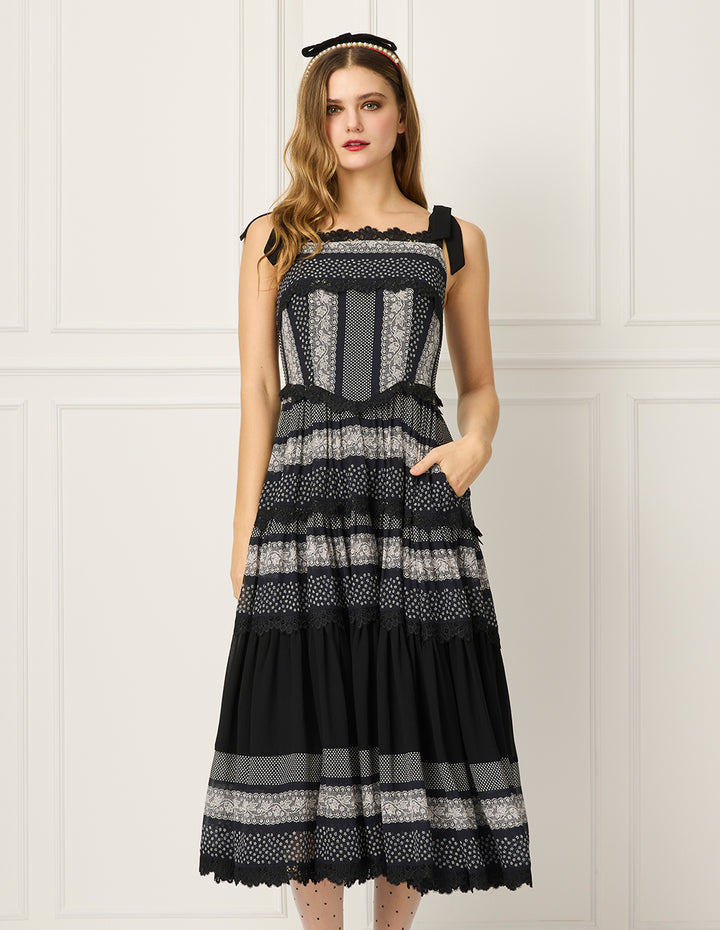 BORA AKSU Sleeveless Ruffle Lace Layered Printed Apron Dress