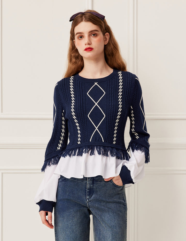 BORA AKSU Round Neck Diamond Pattern Knit Top with Shirt Front & Fringe Trim
