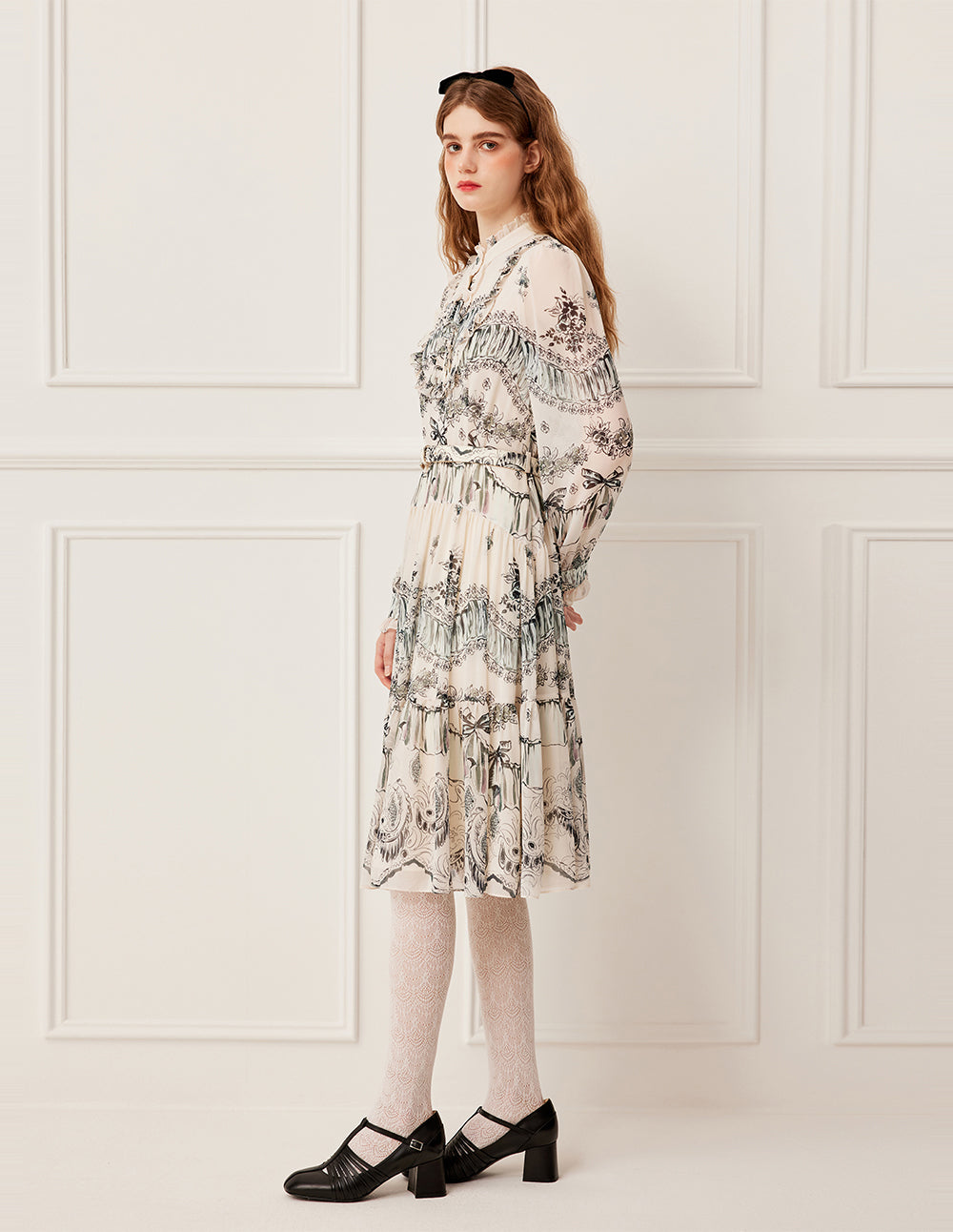 BORA AKSU Stand Collar Ruffled-Trimmed Long Sleeve Ink-Print Belted Pleated Midi Dress