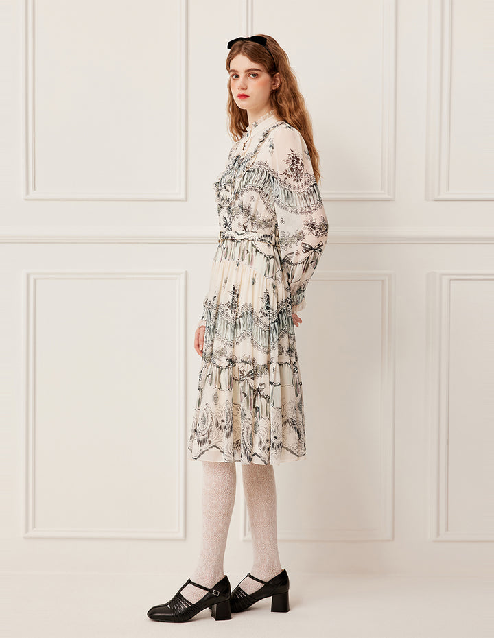 BORA AKSU Stand Collar Ruffled-Trimmed Long Sleeve Ink-Print Belted Pleated Midi Dress