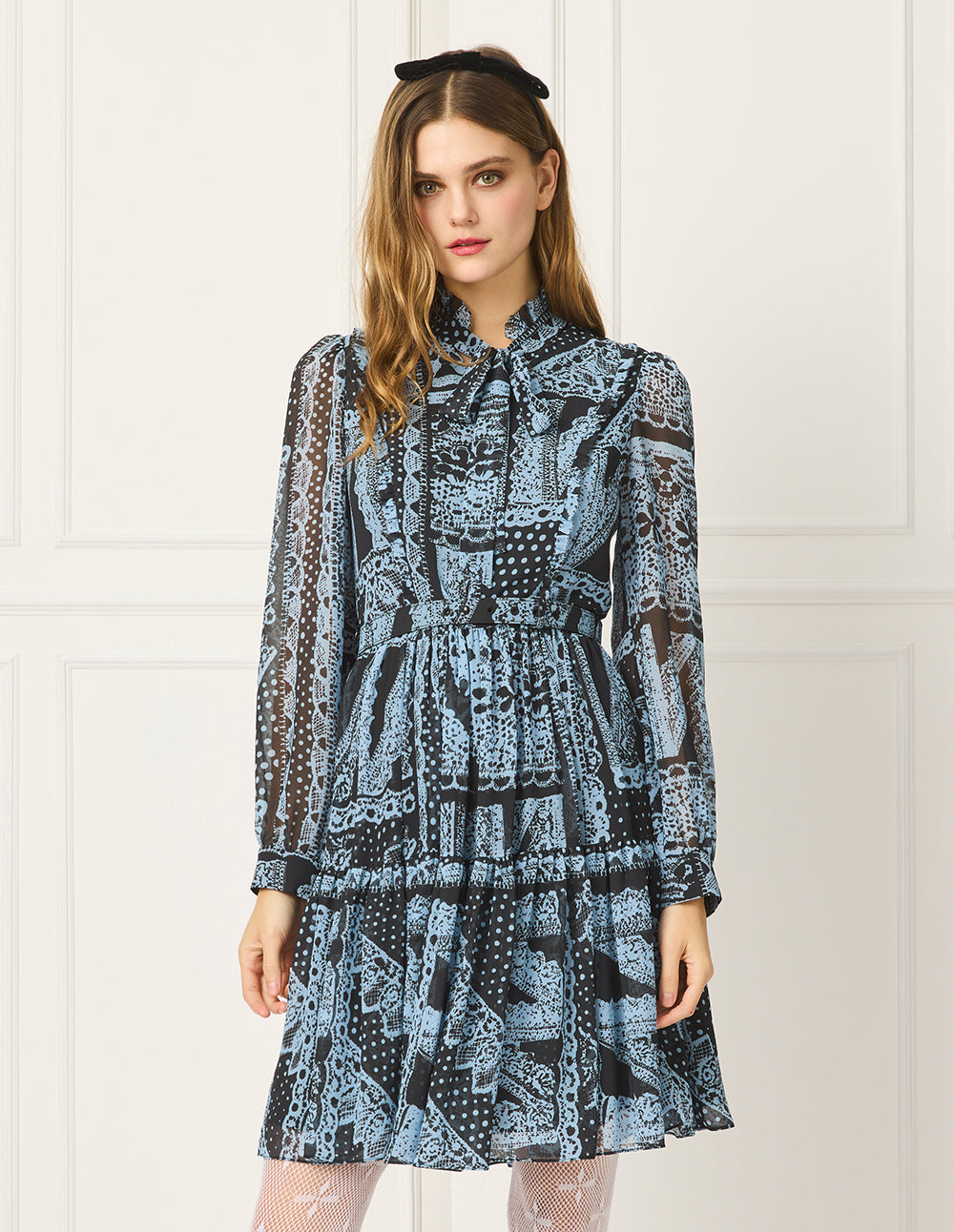BORA AKSU Tie Neck Bubble Sleeve Print Midi Dress
