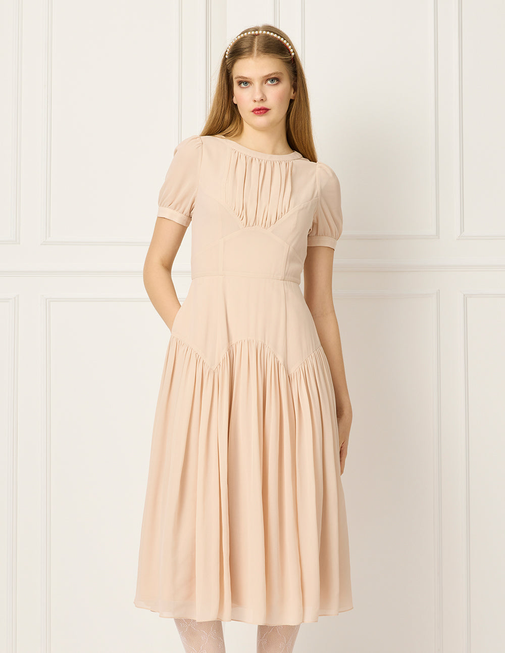 BORA AKSU Round-Neck Puff Short-Sleeve Pin-Tuck Empire-Waist Pleated Tulle Midi Dress