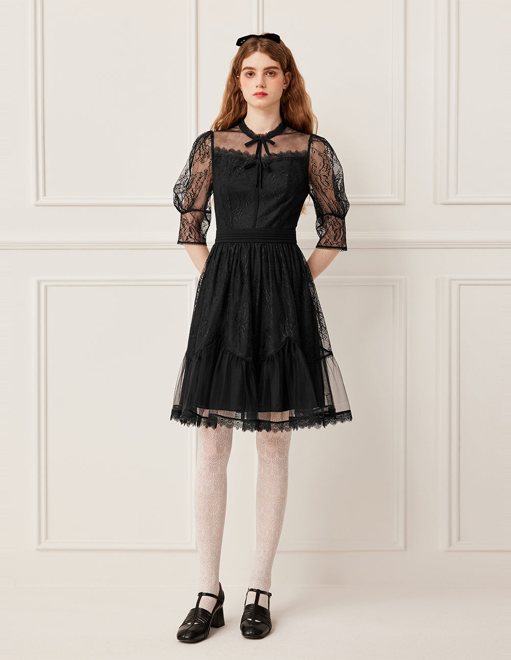 BORA AKSU Ruffled Round Neck Sheer Lace Long Sleeve Midi Dress