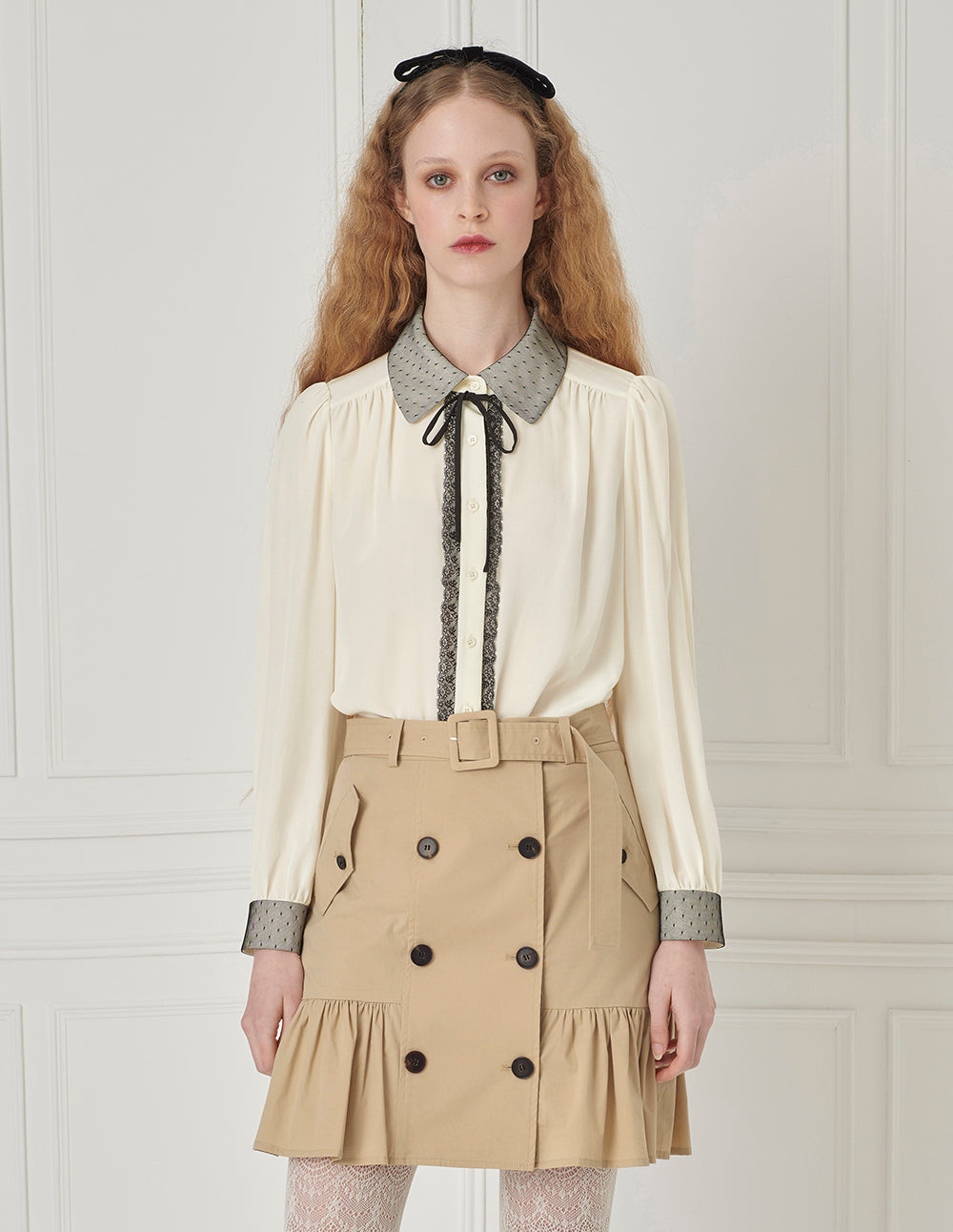 BORA AKSU Silk Mulberry Puff Sleeves Sweet Temperament Color Block Collar Blouse