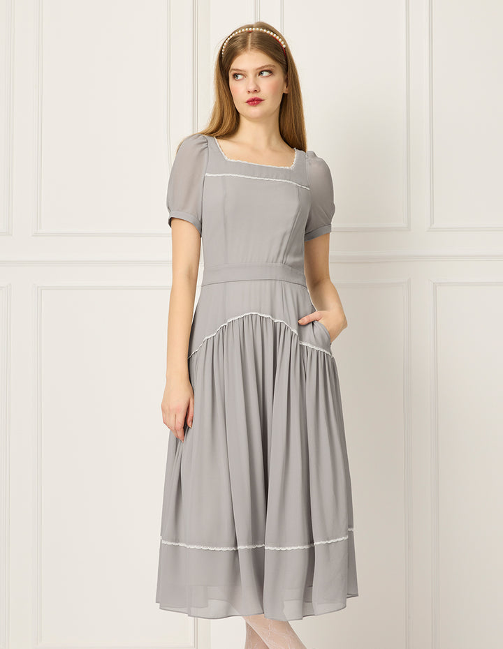 BORA AKSU Diamond-Neck Puff Short Sleeve Empire-Waist Lace-Trim Pleated Dress